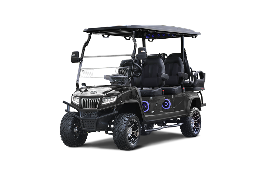 Black golf cart with lifted suspension, seating six, on a white background.