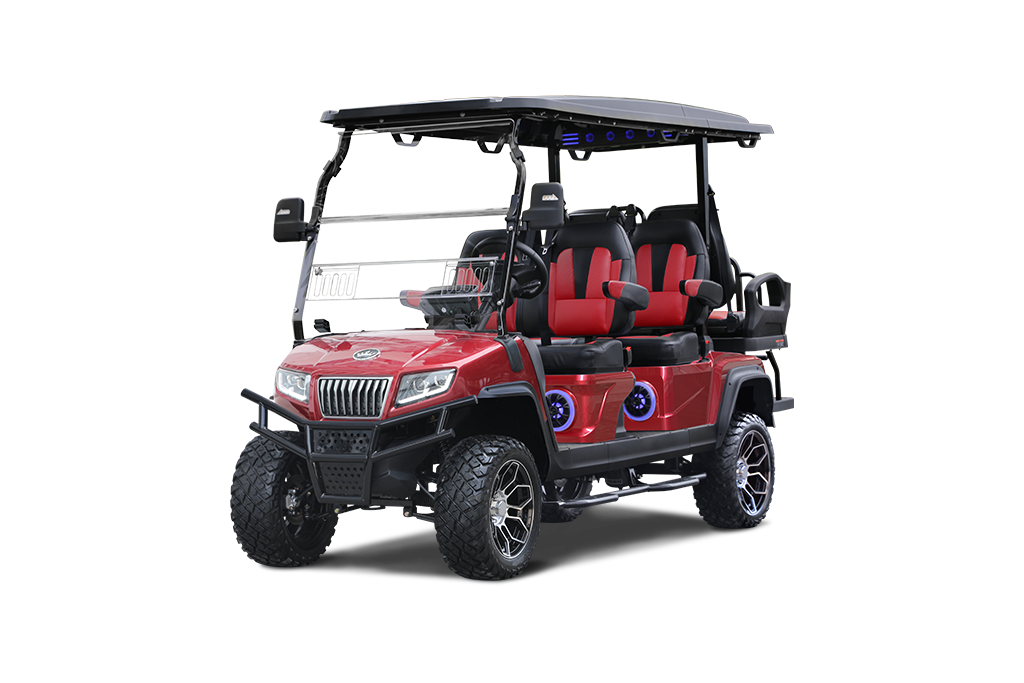 Red and black customized golf cart with off-road tires, seats six, under a canopy.