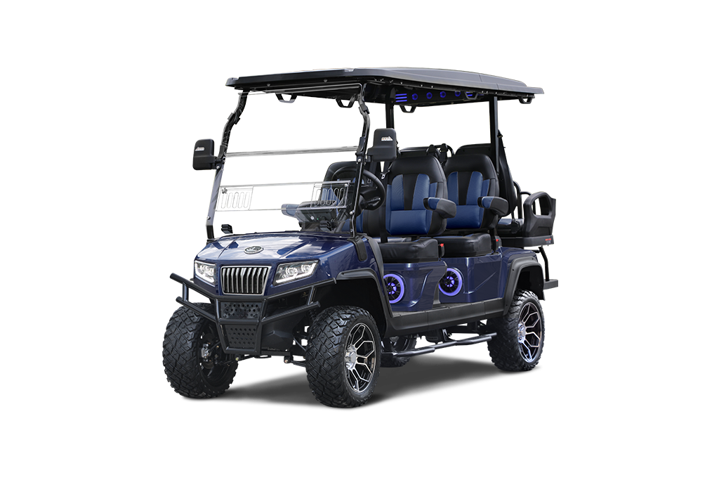 Dark blue golf cart with black roof and wheels, on a white background.