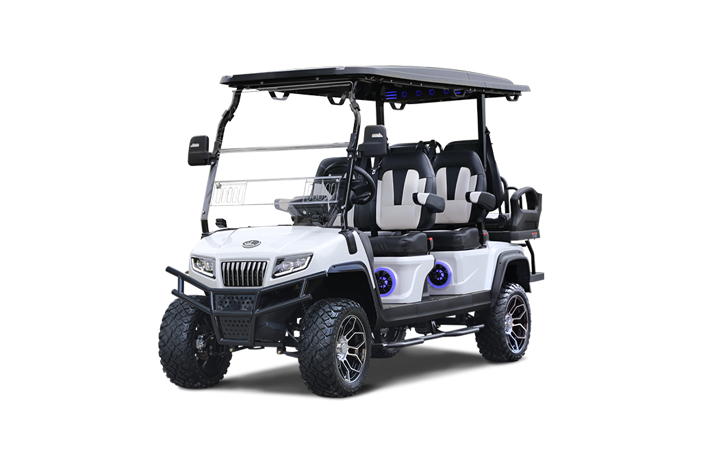 White golf cart with black roof and seats.