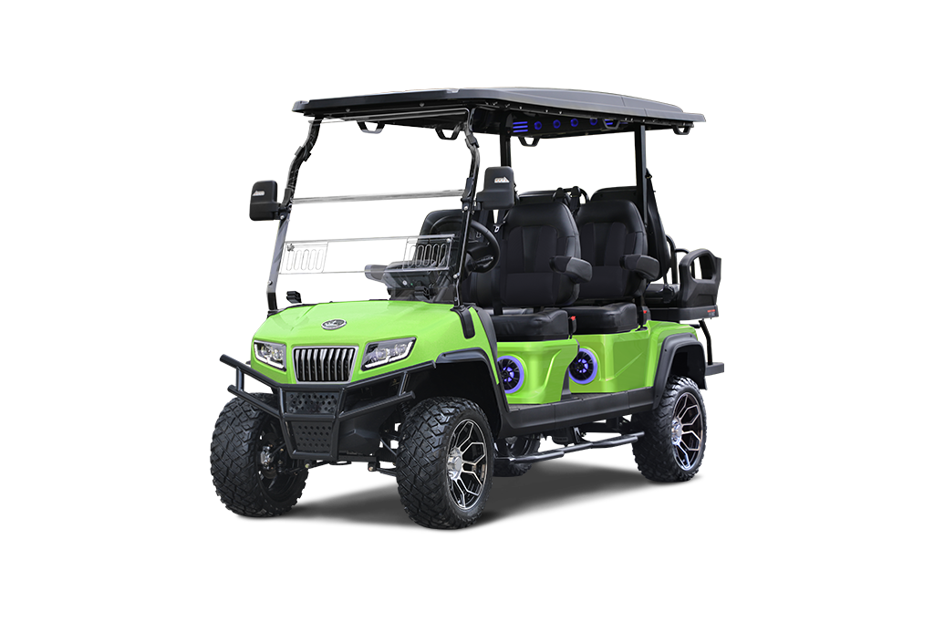 Green golf cart with black roof, seats, and wheels.