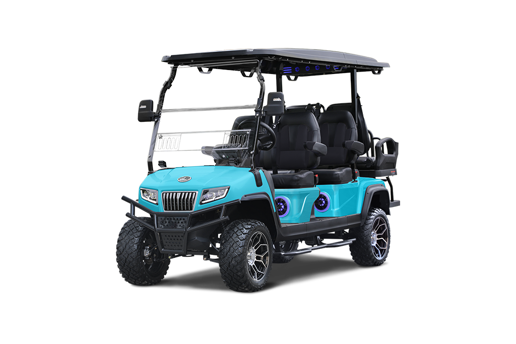 Aqua and black golf cart with off-road tires, seats six, has a black roof, and is isolated on white.