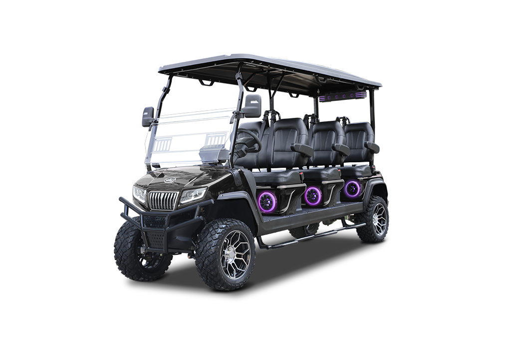 Black 8-seater golf cart with black roof, large tires, and purple undercarriage lights.