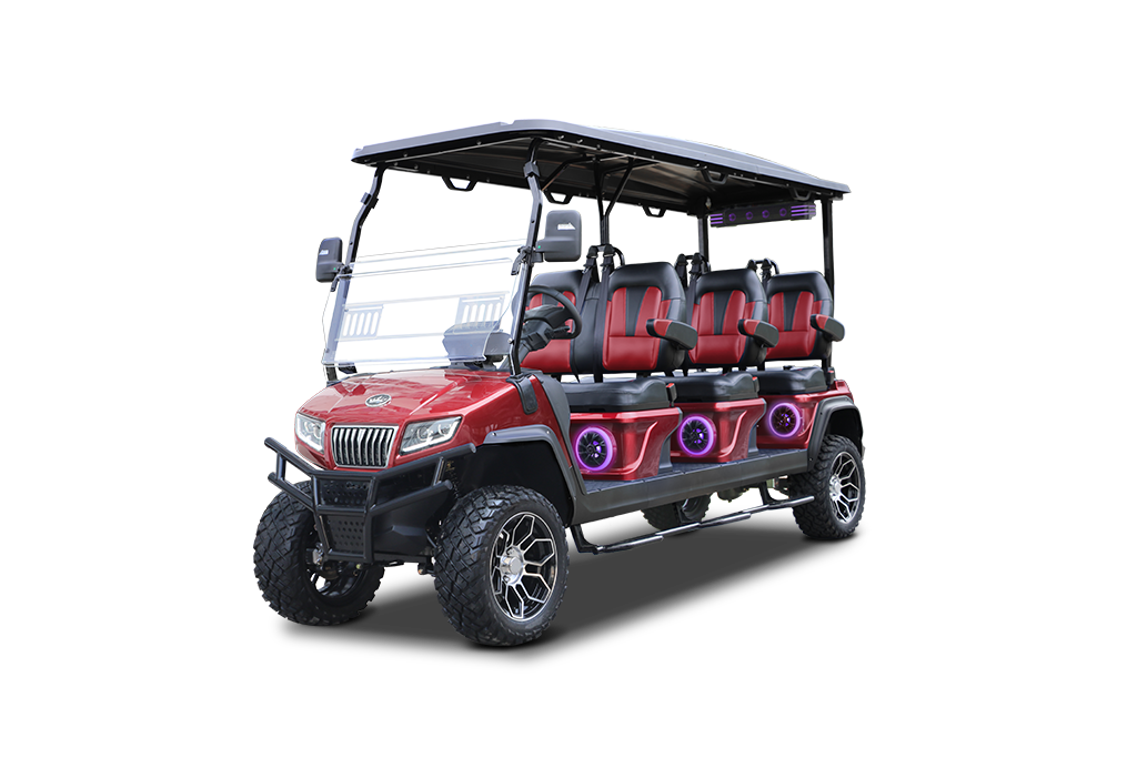 Red six-seater golf cart with black roof, large tires, and purple underglow lights.