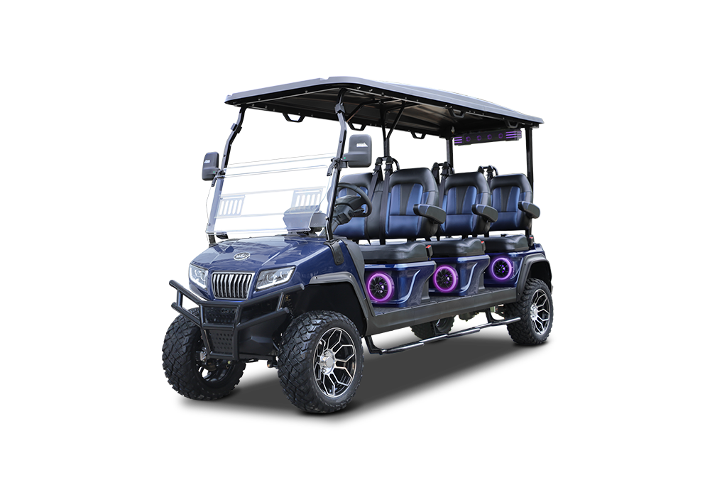 Dark blue six-seater golf cart with black roof, large tires, and purple lights on a white background.