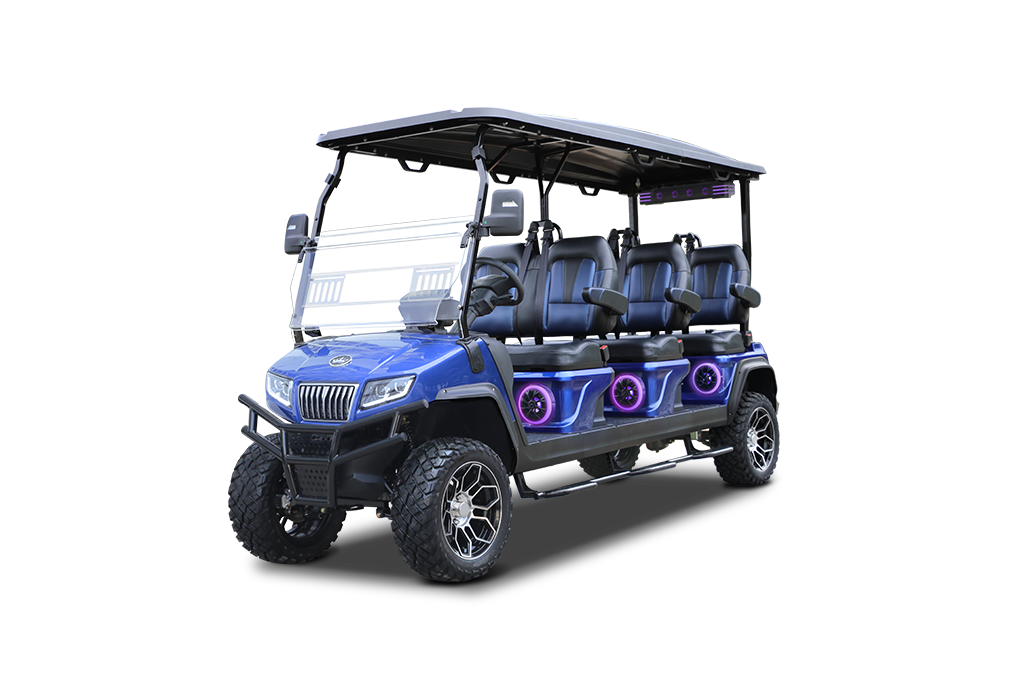 Blue golf cart with six seats, large off-road tires, and speaker lights.
