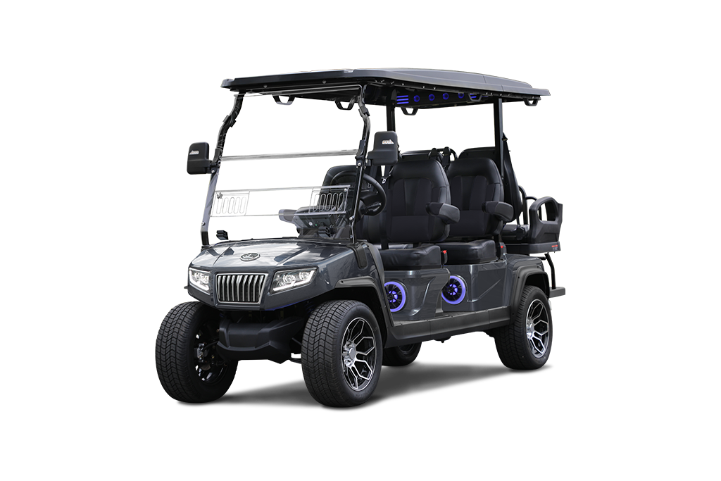 Dark gray six-seat golf cart with black seats, large wheels, and a windshield.