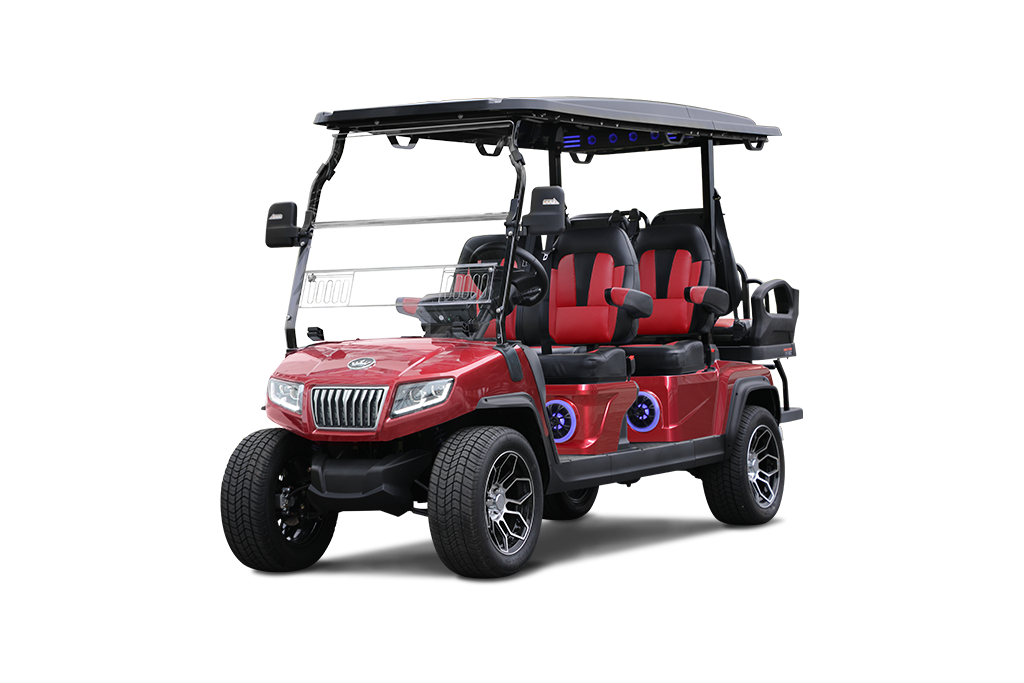 Red golf cart with black roof, seats, and wheels.  Four seats, windshield, and side mirrors.