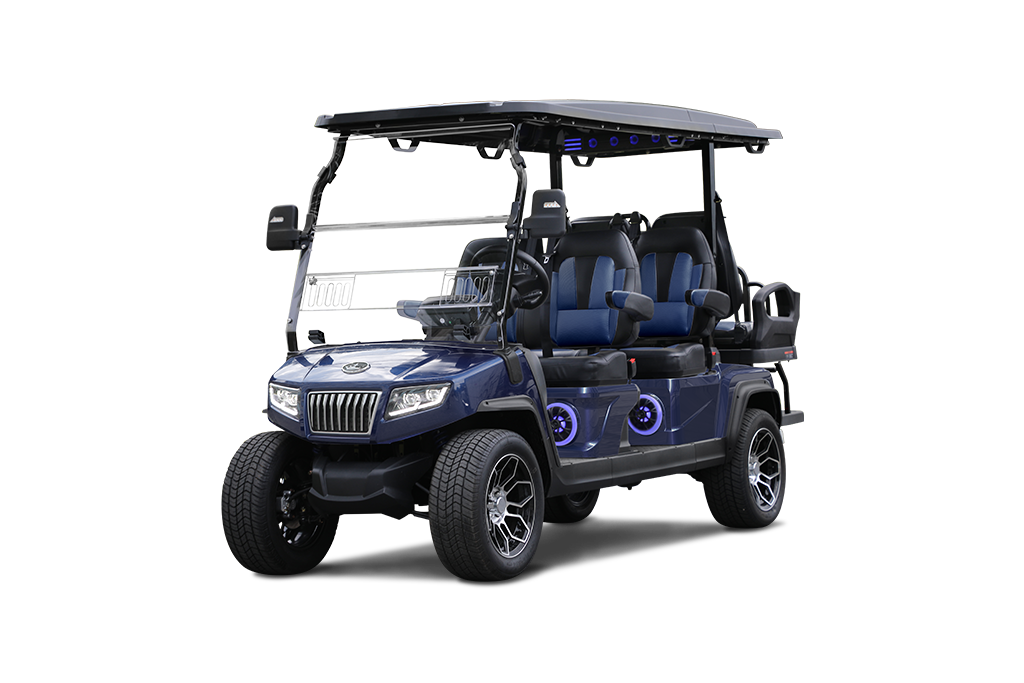 Blue golf cart with black roof, seats, and wheels. Has a front windshield and side mirrors.