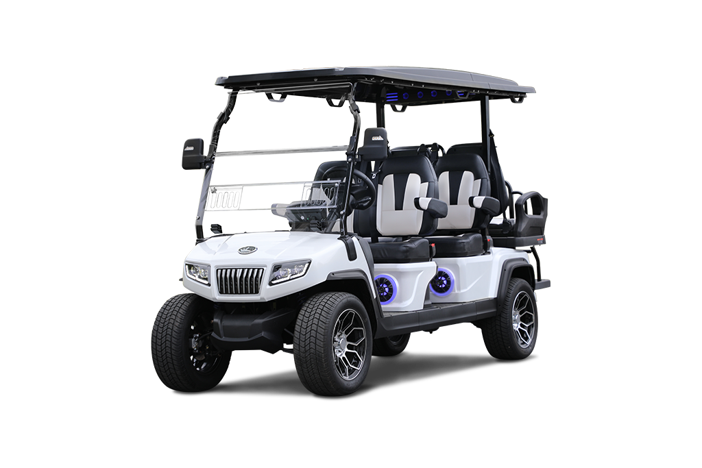 White six-seater golf cart with black accents, parked on a white background.