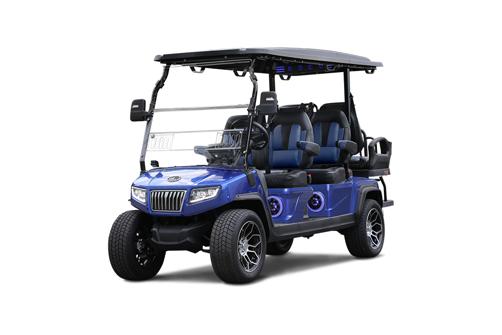 Blue golf cart with black roof, black wheels, and tinted windshield.