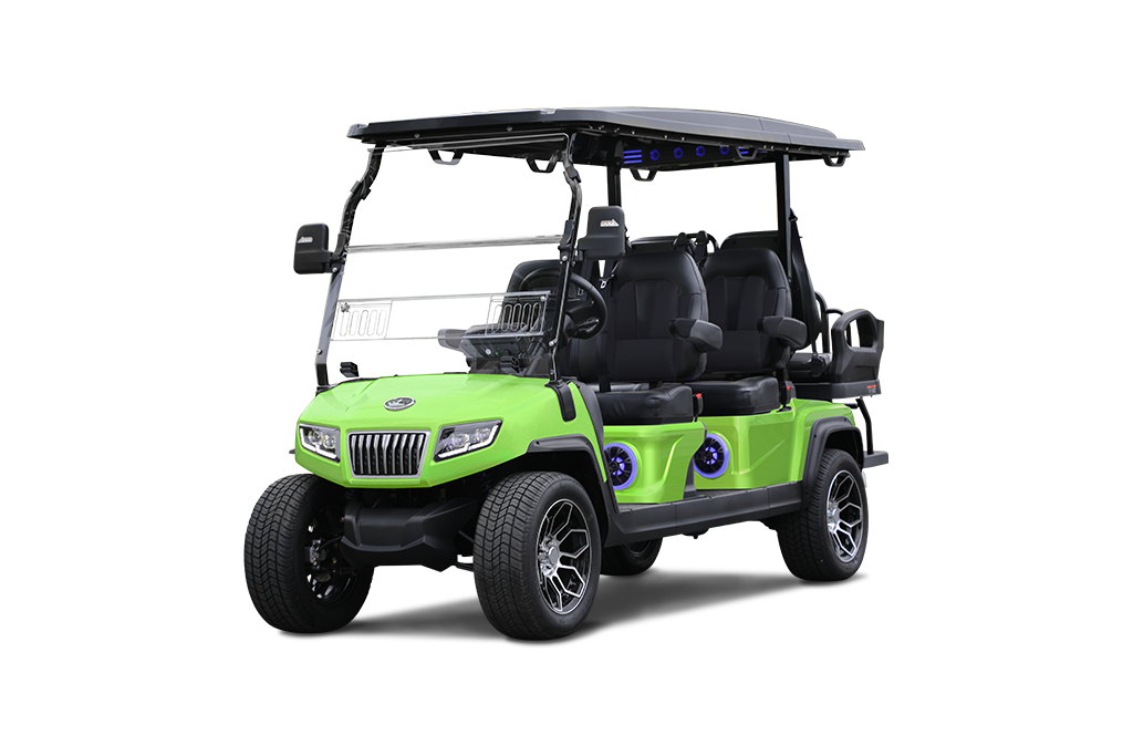 Green golf cart with black roof, seats, and tires, on white background.