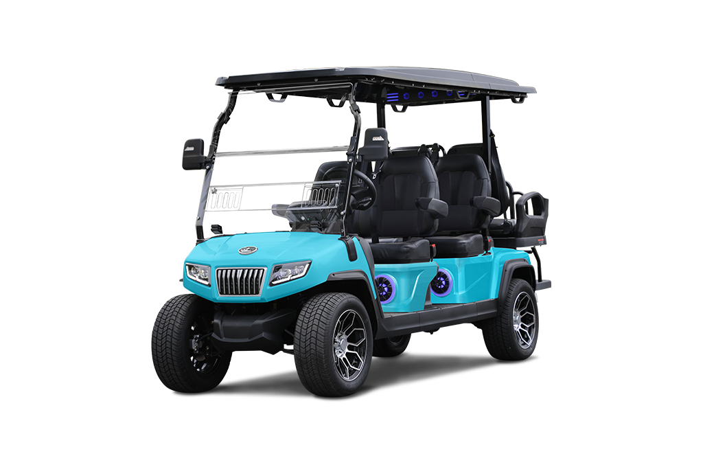 Light blue golf cart with black roof, seats, and tires, on a white background.