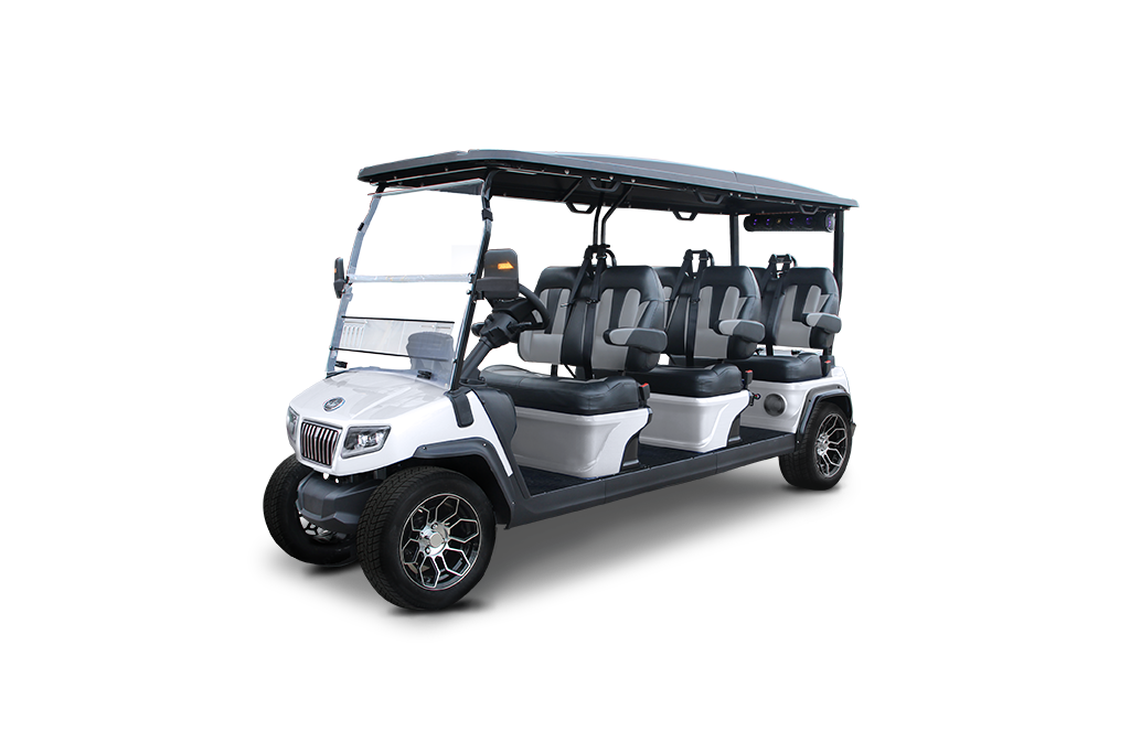 White, extended golf cart with six seats, black roof, and off-road tires, on a white background.