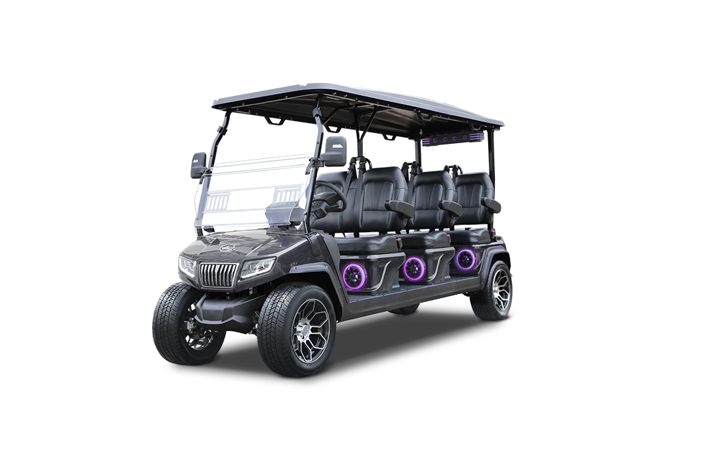 Black golf cart with eight seats, tinted windows, and purple lights.