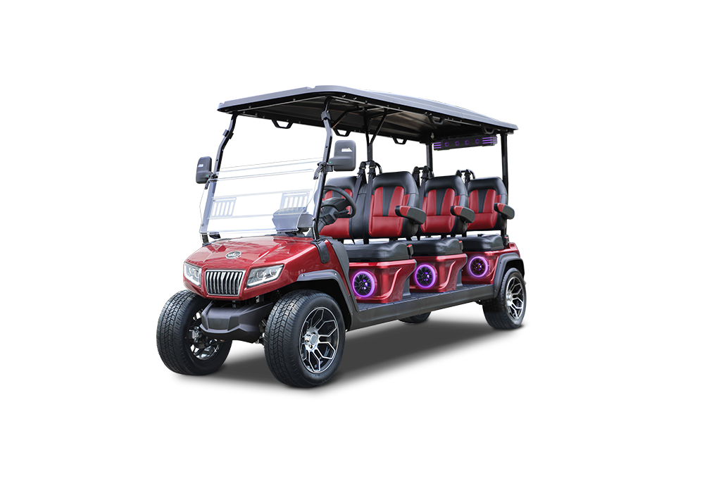 Red and black 8-person golf cart with black roof, large wheels, and purple speaker lights.