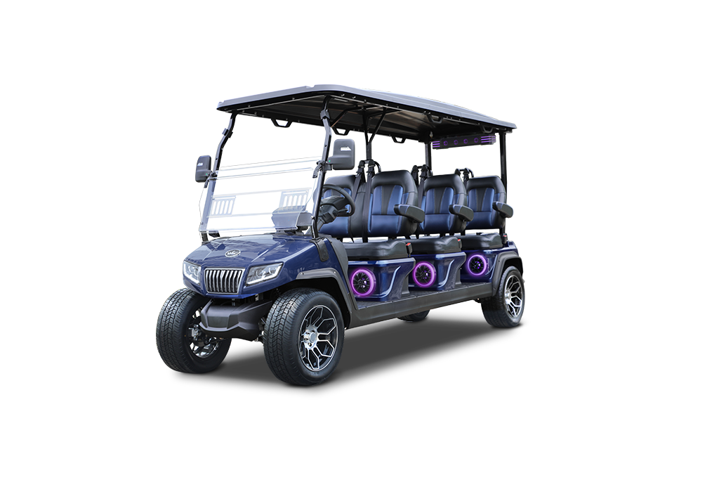 Blue, 8-seater golf cart with black roof, off-road wheels, and purple accent lights.