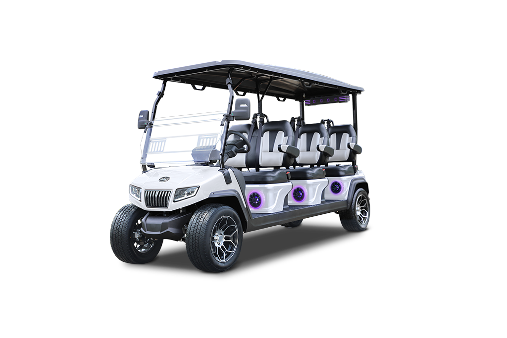 White and black 8-seater golf cart with black roof, large wheels, and purple underglow lights.