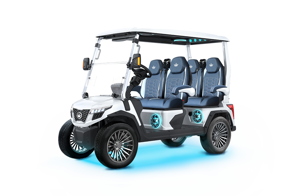 White six-passenger golf cart with black rims, blue seats, and blue undercarriage lighting.