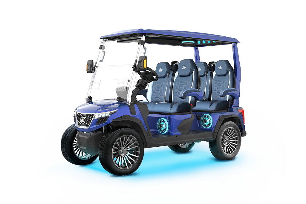Blue six-seater golf cart with LED lights.