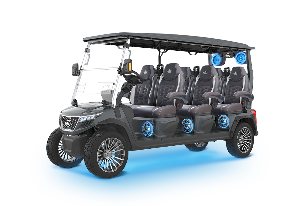 Black 8-seat golf cart with blue underglow and speakers.