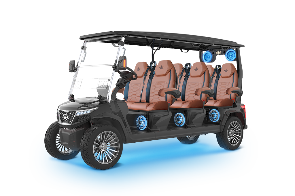Black golf cart with brown seats, holding six people. It has a black roof and blue lights.