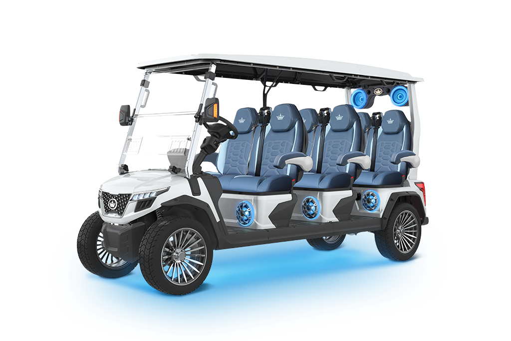 White, 8-seater golf cart with blue seats, wheels, and lights.
