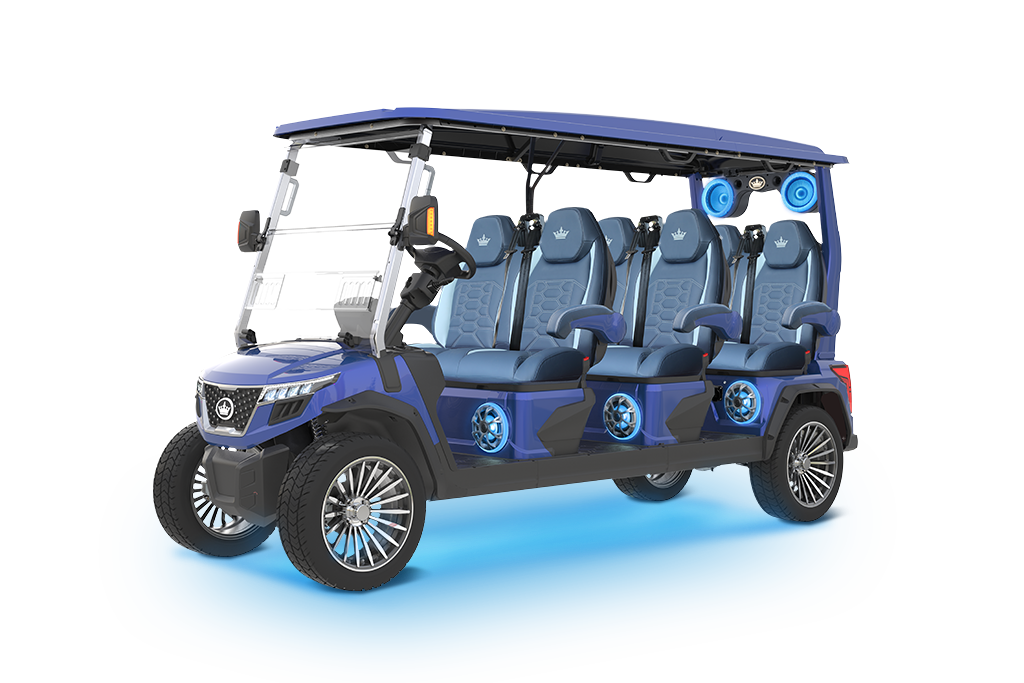 Blue 8-person golf cart with canopy, leather seats, and under-glow lighting.