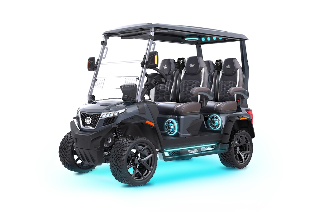 Black six-seat golf cart with LED lights and off-road tires, against a white backdrop.