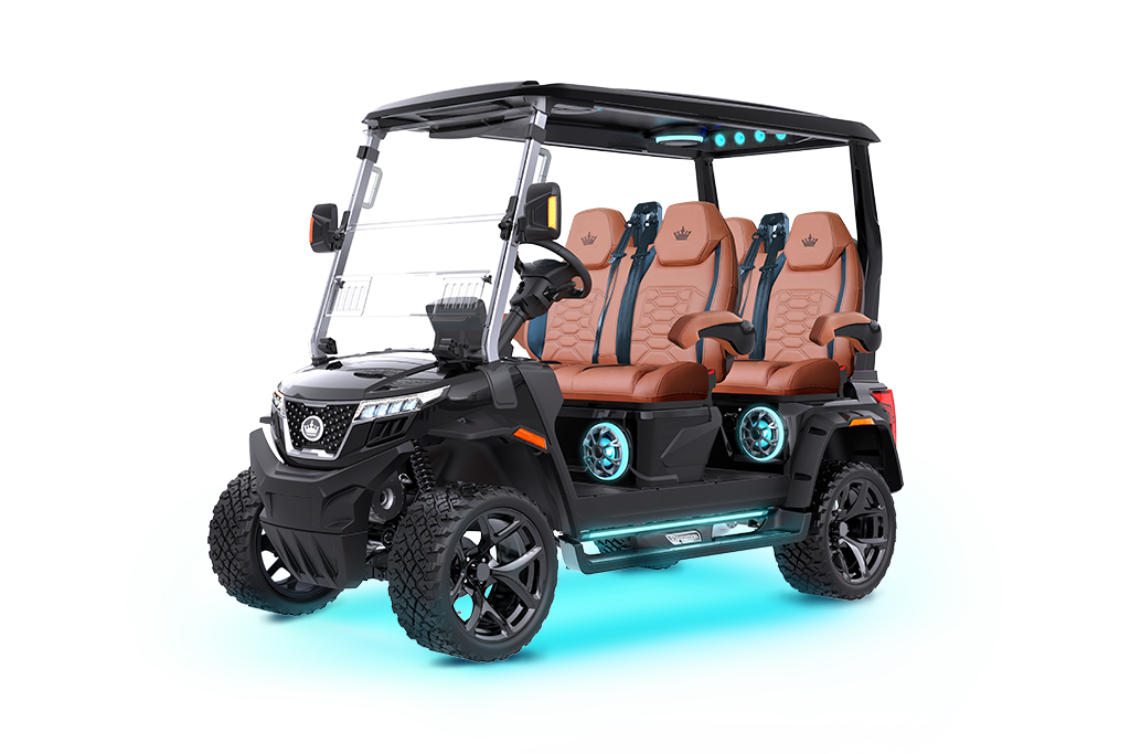 Black six-seat golf cart with brown seats, LED lights, and black wheels.