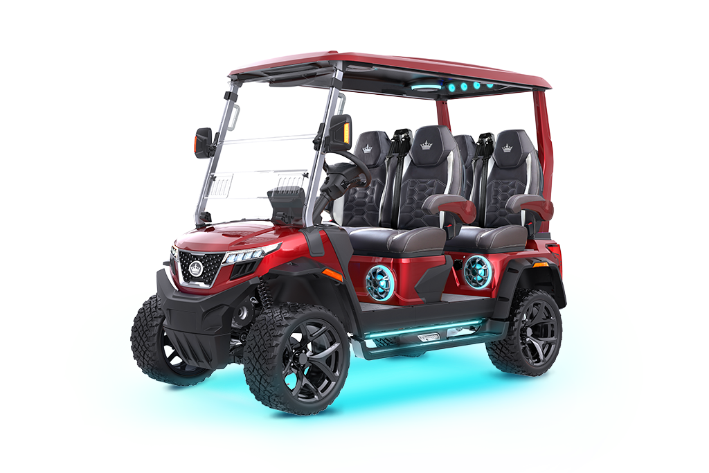 Red six-seater golf cart with LED lights.