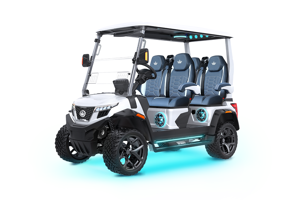 White 6-passenger golf cart with blue underglow lights, black accents, and off-road tires.