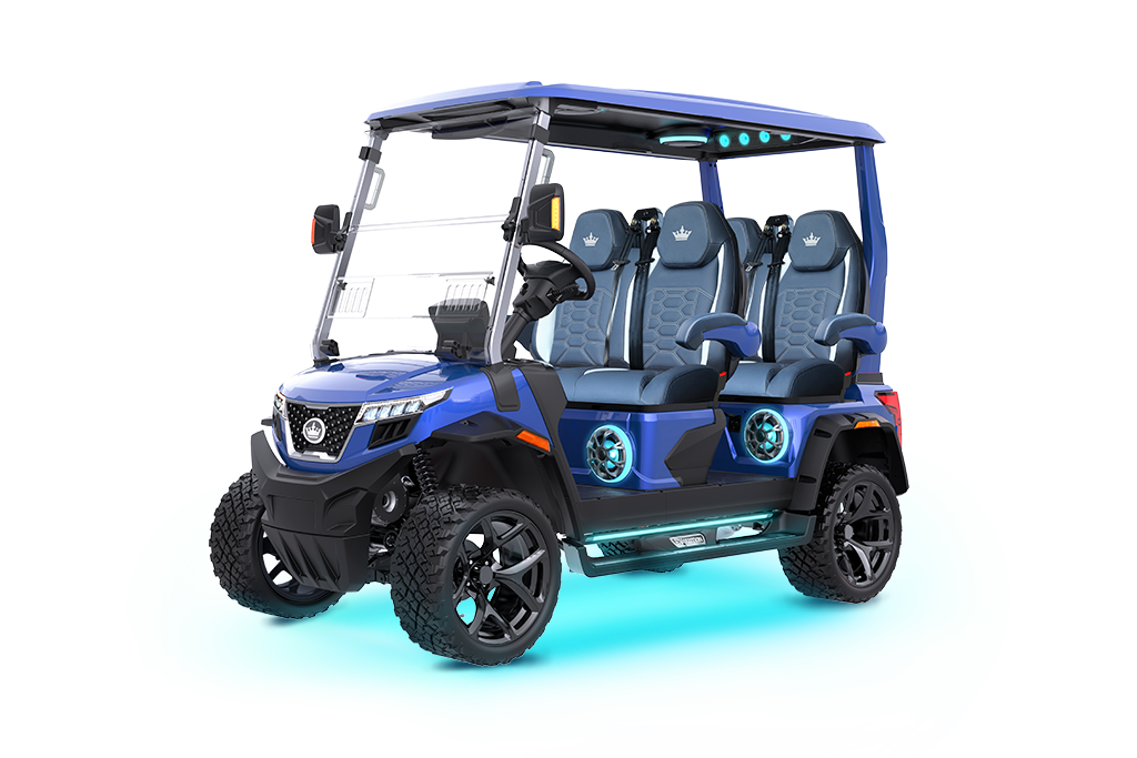 Blue six-seater golf cart with LED lights, on a white background.