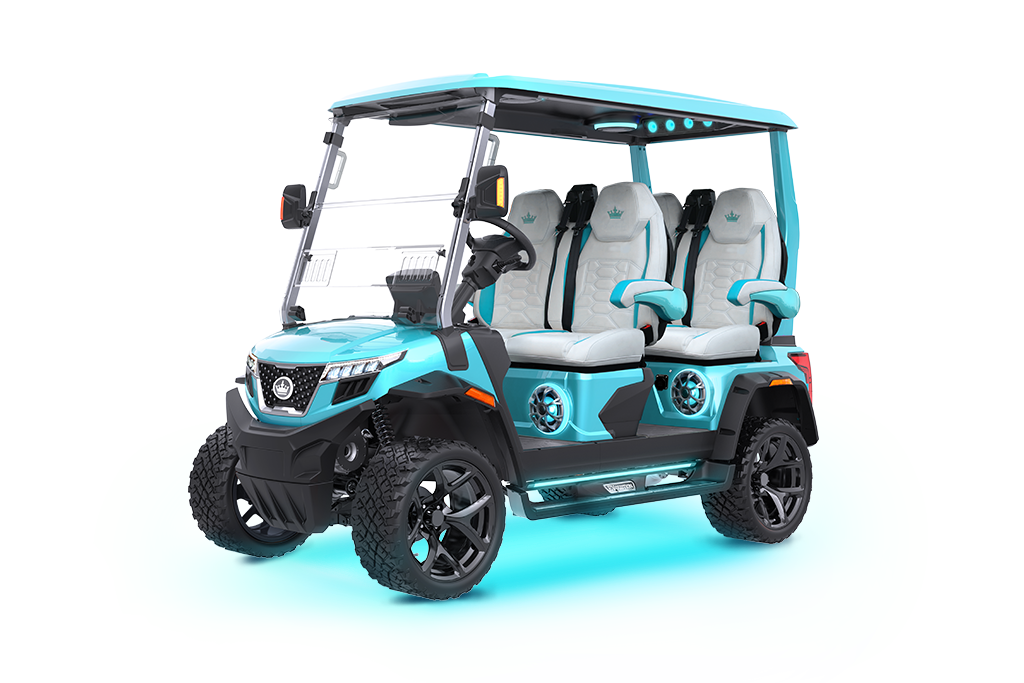 Light blue 6-seater golf cart with black wheels, on a white background.