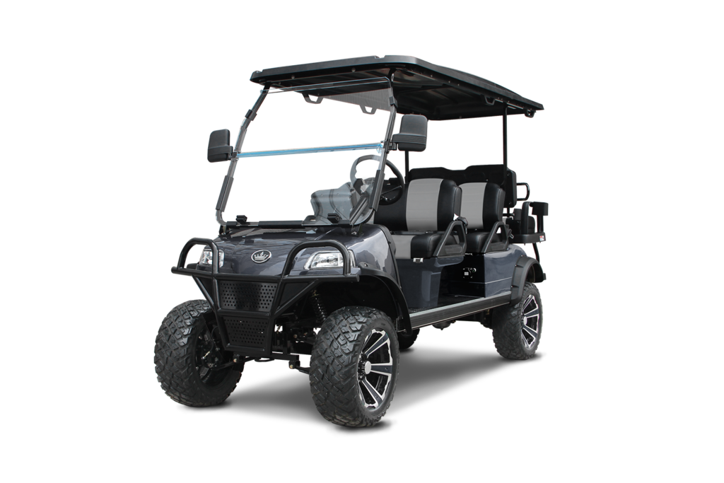 Gray golf cart with black roof, lifted suspension, and off-road tires.