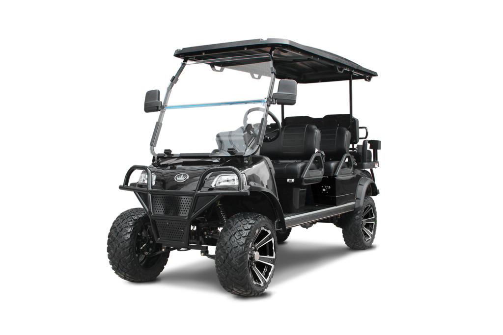 Black golf cart with large tires on white background.