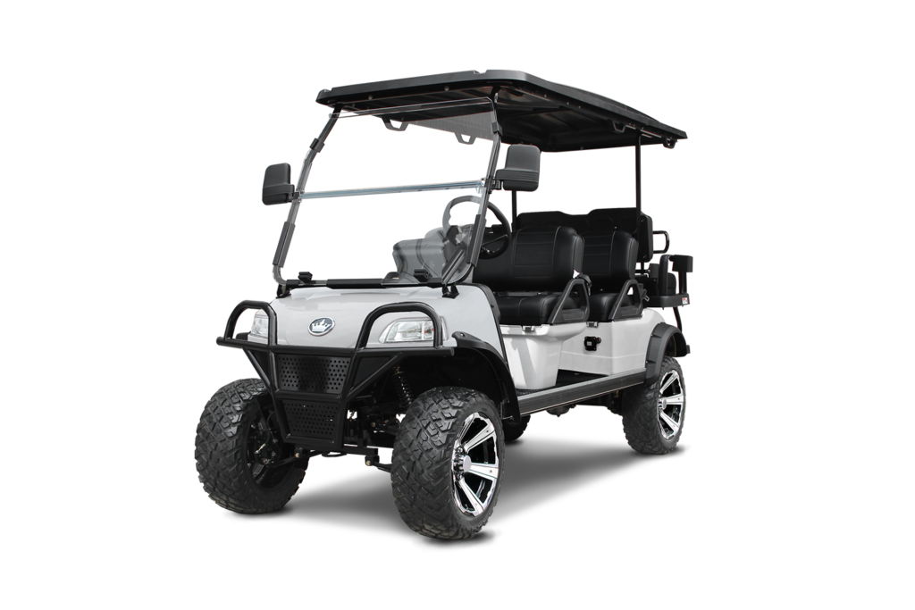 Silver golf cart with black roof, lifted suspension, and large tires.