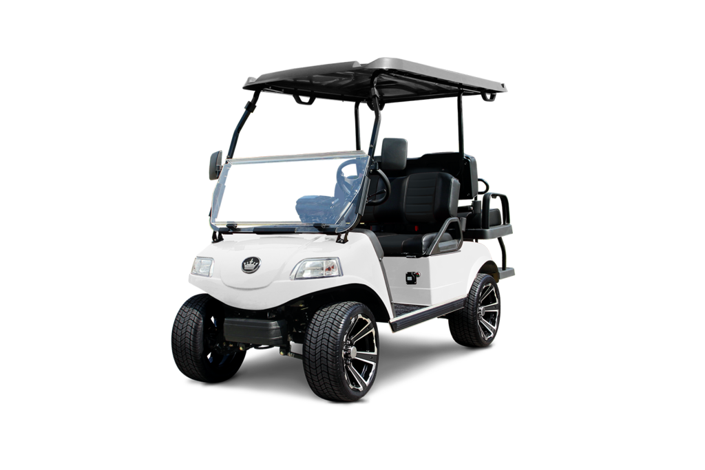 White golf cart with black roof, seats, and tires, on white background.