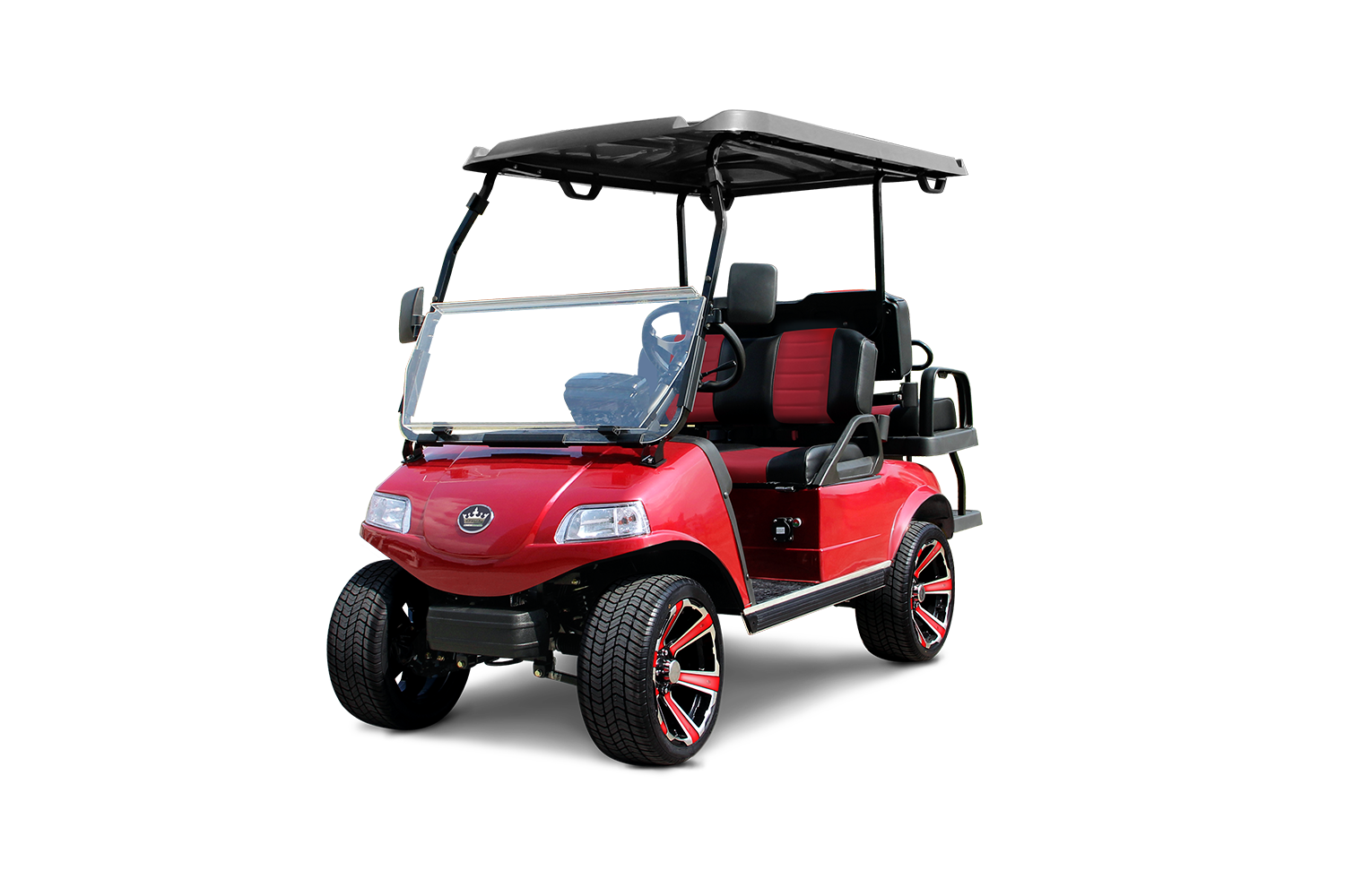 Red golf cart with black top and red and black wheels.