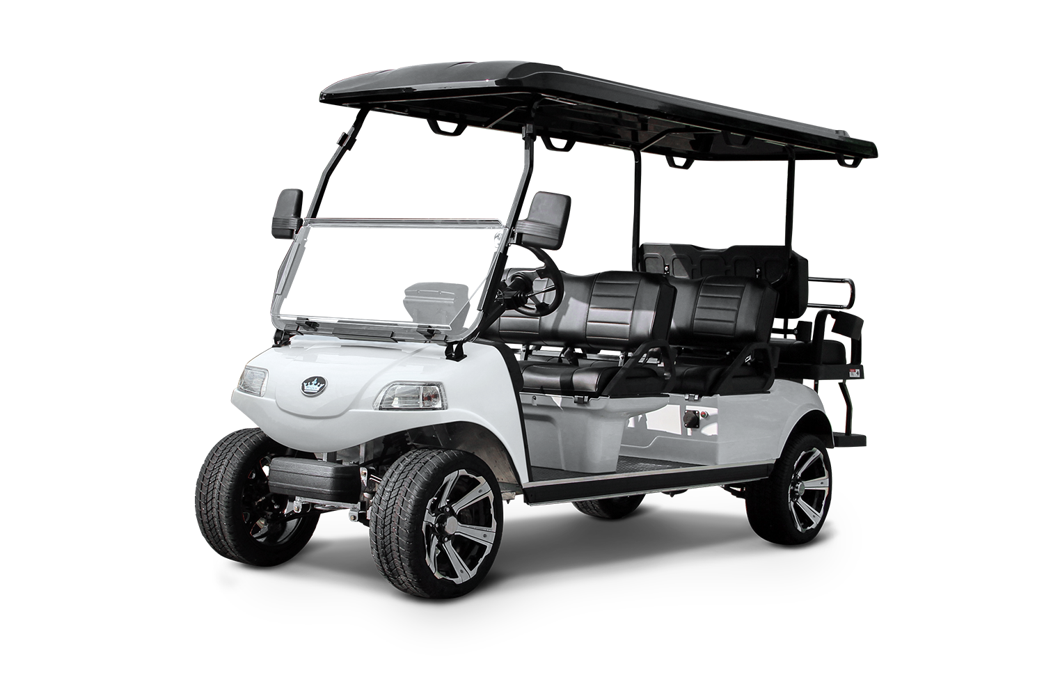White golf cart with black roof and seats.
