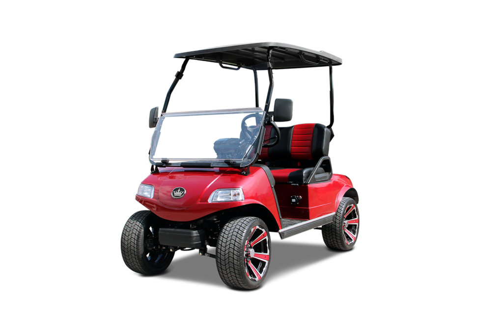 Red golf cart with black roof and wheels.