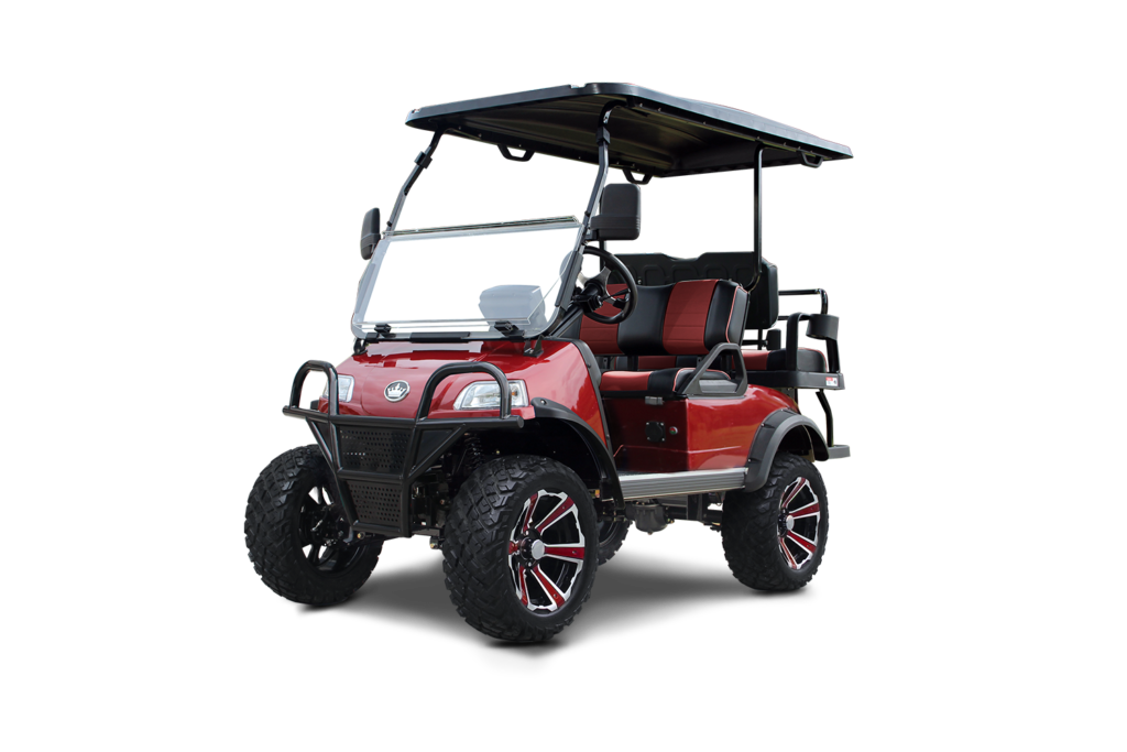 Red lifted golf cart with black accents and large wheels.