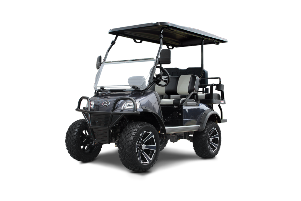 Black golf cart with large tires and a canopy.
