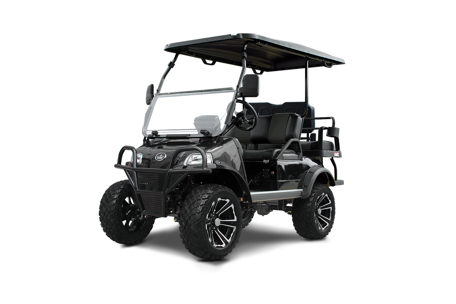 Black golf cart with large wheels, canopy, and front brush guard.