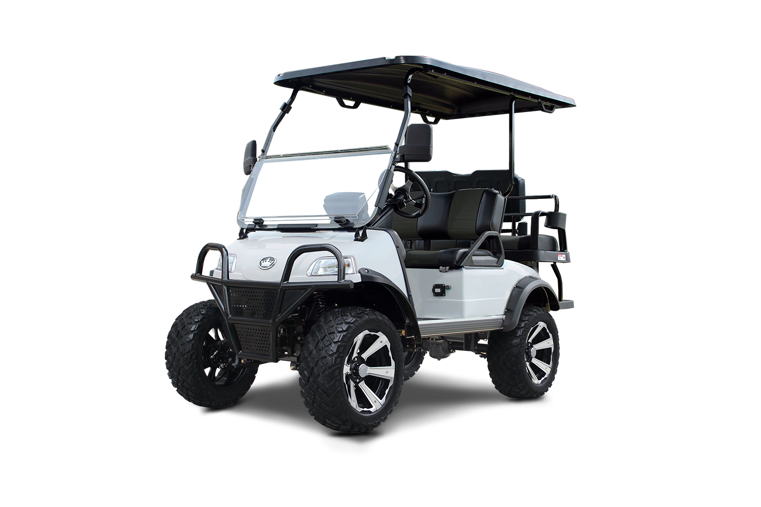 White golf cart with black accents, large tires, and a sunshade, on a white background.
