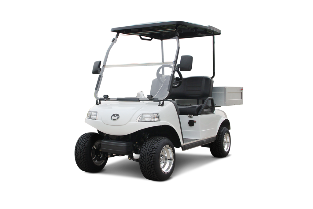 White golf cart with black roof and large tires, parked on white background.