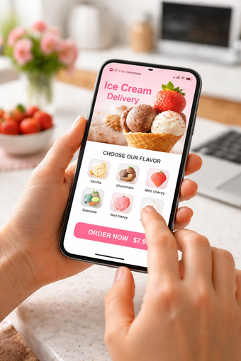 Woman using phone to order pizza; app screen showing pizza with toppings.