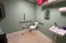 Accessible bathroom with toilet, sink, grab bar, and muted green walls