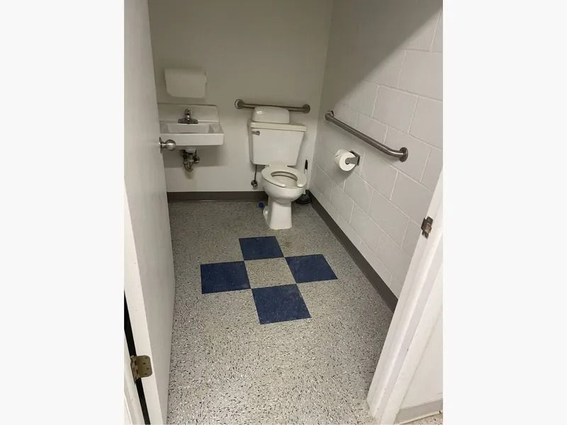 Small accessible bathroom with toilet, sink, grab bar, and blue floor tiles.