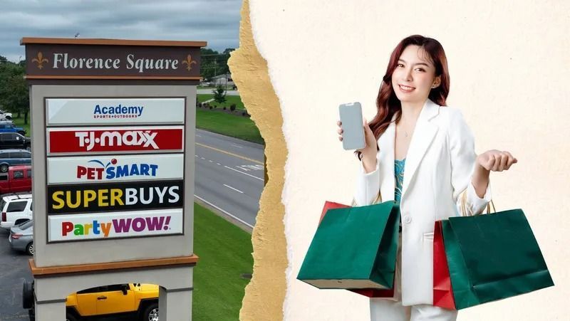 Shopping plaza sign at Florence Square beside a smiling woman carrying shopping bags and a drink